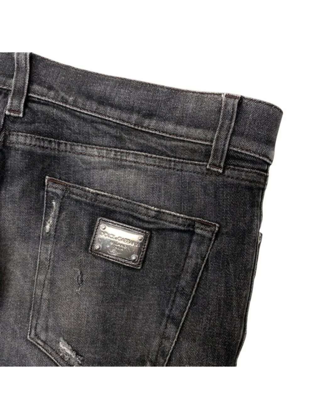 Dolce & Gabbana Denim Pants Jeans Distressed Logo Plate Cotton Blend 50 Black